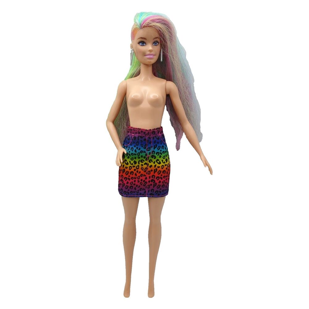 Barbie Leopard Rainbow Hair Doll in Original Skirt Earrings TLC READ